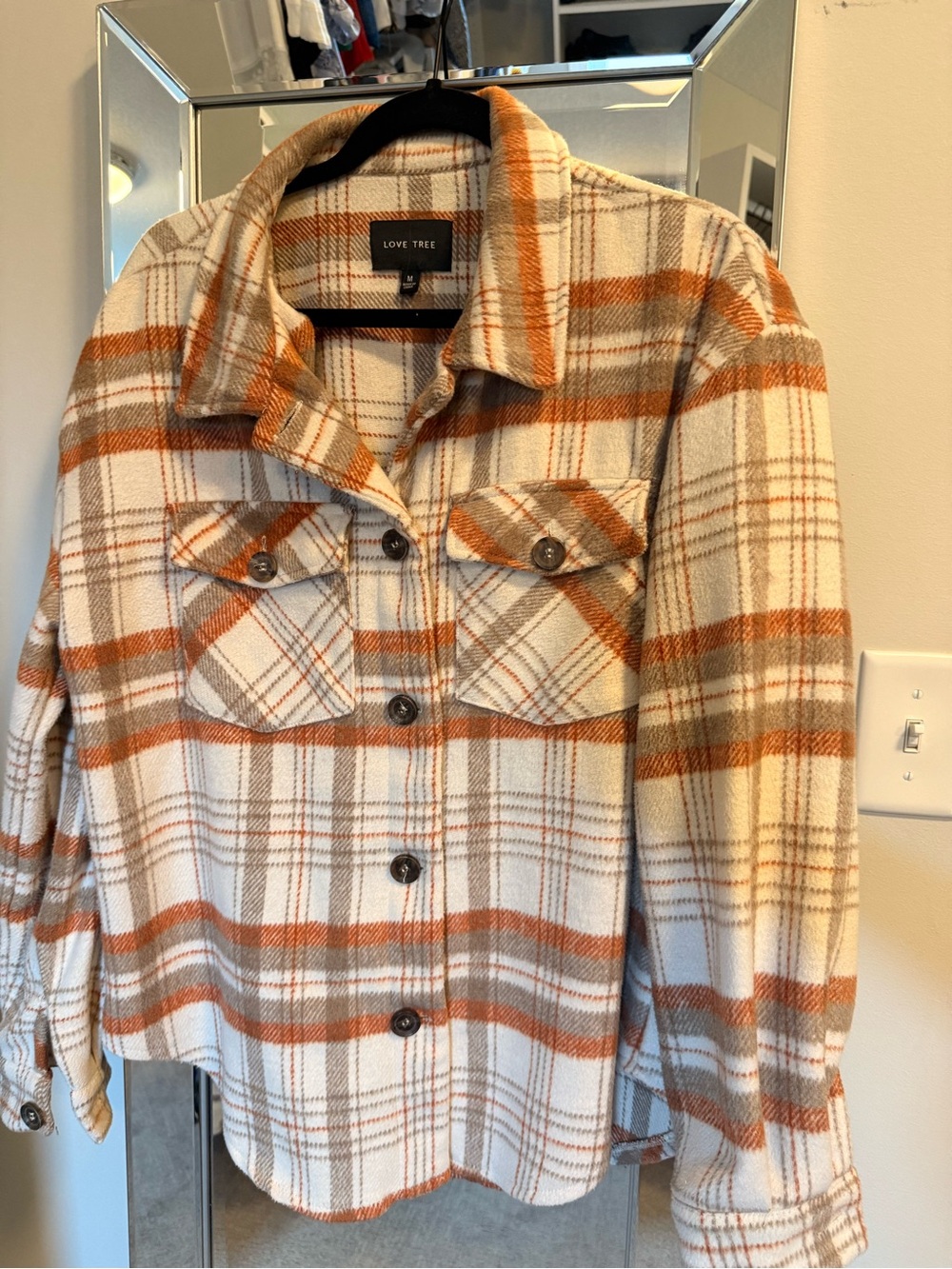 Love Tree Cream and Orange Plaid Teddy Shacket